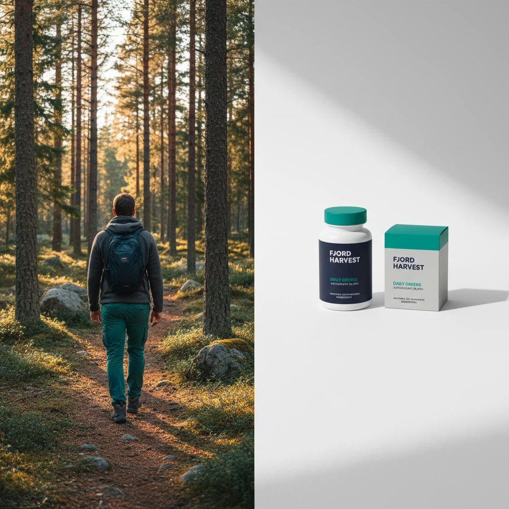 Person bakifrån på skogspromenad i Skandinavien - kosttillskott för aktiva leder och aktivt vardagsliv