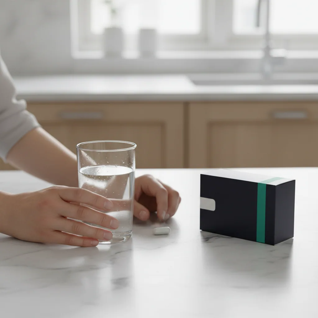 Händer som håller kapslar och ett glas vatten - daglig rutin med kosttillskott för knän